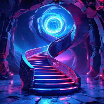 The primary subject of the image is a spiral staircase with a blue and purple lighting effect. The staircase is located in a futuristic setting, possibly a space station or a futuristic building. The visual style of the image is digital art, as it appears to be a computer-generated or digitally manipulated image. The colors and mood of the image are predominantly blue and purple, creating a sense of futuristic and otherworldly atmosphere.